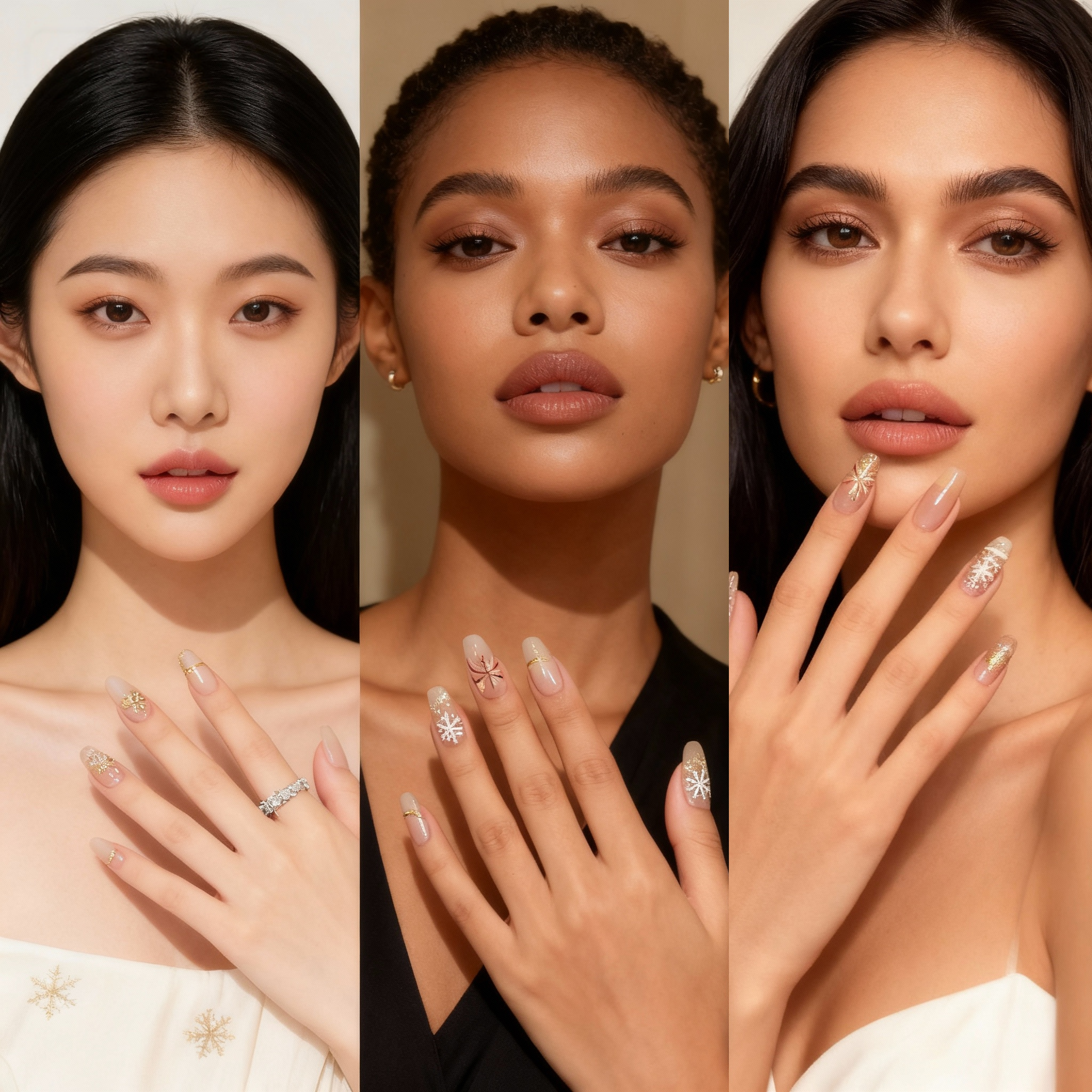 three models wearing Christmas Firework nude and gold press-on nails with holiday-inspired nail art