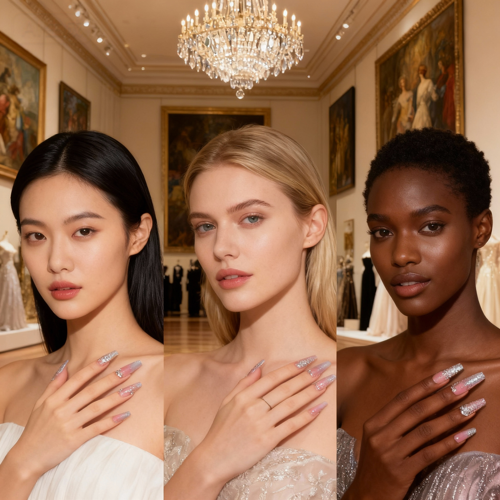 Group of models wearing Snowy Blush winter press-on nails in holiday setting