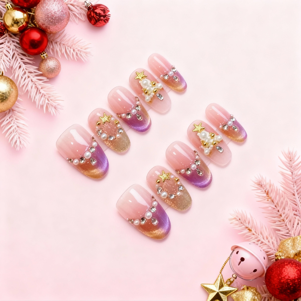 Aurora Noël Christmas ombre press-on nails with pink-lavender gradient, pearl tree charms and gold shimmer on holiday background