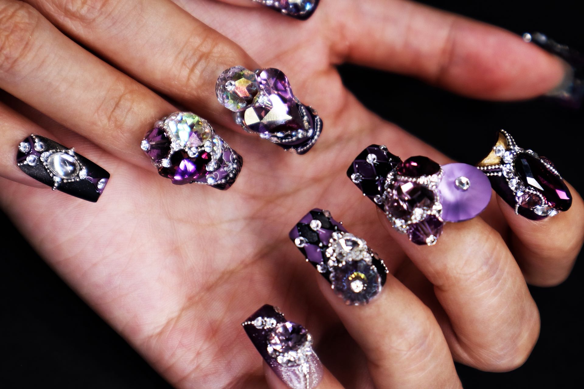 Elegant short press-on nails in violet with handcrafted gemstone accents, inspired by modern cheongsam styling.