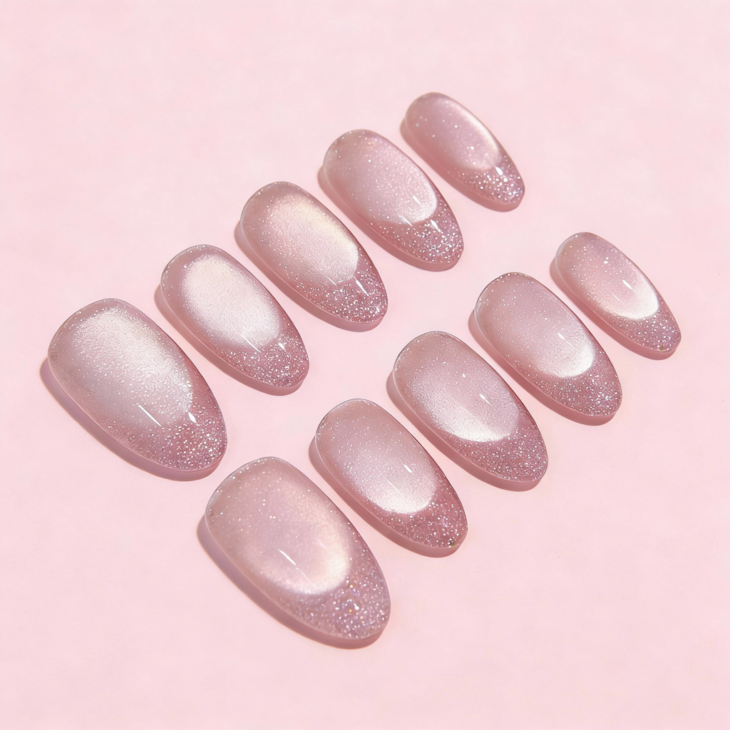 Blush sparkly French tip press-on nails with soft pink base and glowing winter sparkle detail