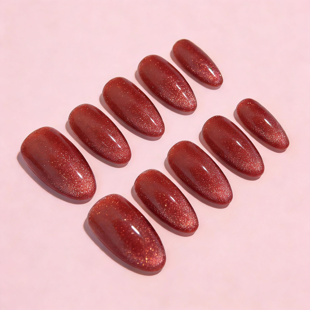 Deep red winter sparkly nails with a smooth crimson glow and fine glitter finish.