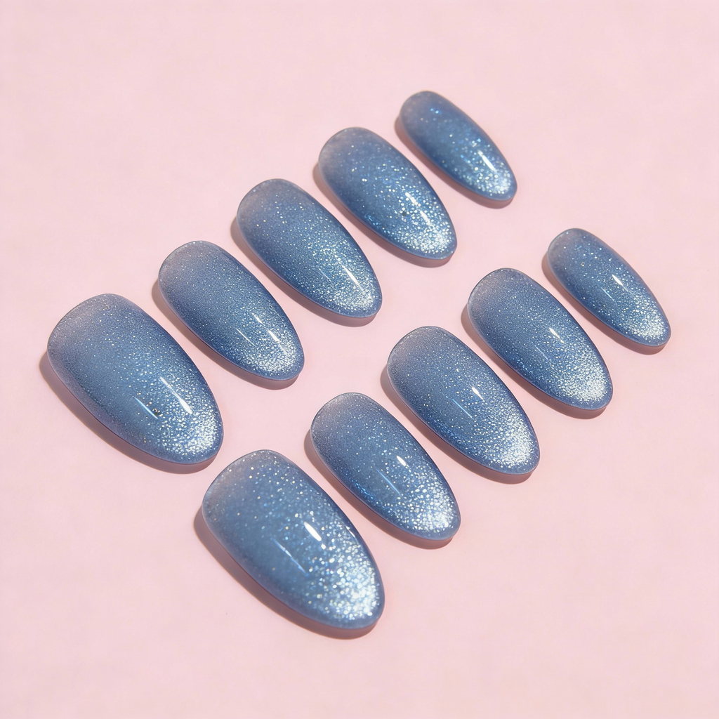 Midnight Star Sparkle press-on nails featuring a deep starry blue base with fine silver shimmer, a winter sparkly nails design inspired by night skies.