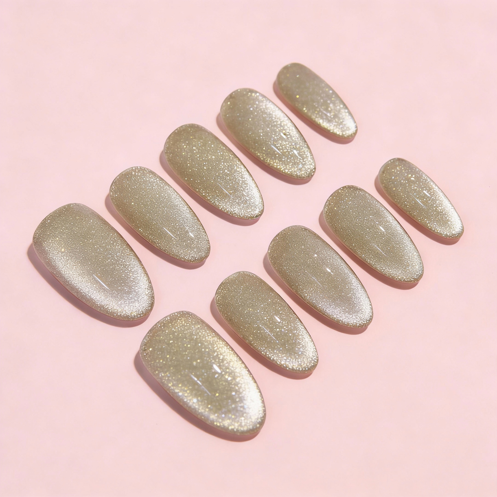 Champagne sparkly winter nails with a smooth elegant shimmer, featuring a warm neutral glow inspired by winter light.