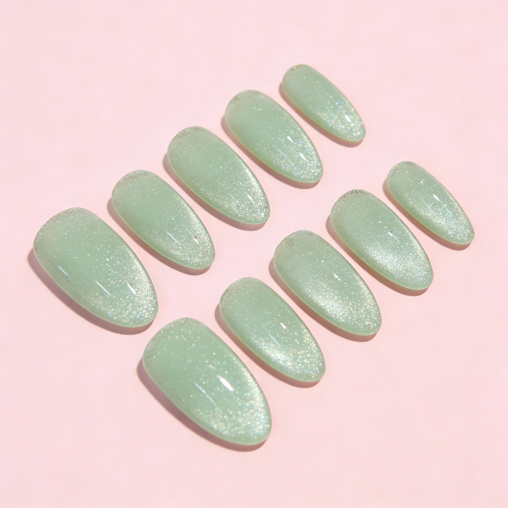Jade Frost Sparkle press-on nails with a translucent jade green base and fine shimmer, a refined winter sparkly nails design.
