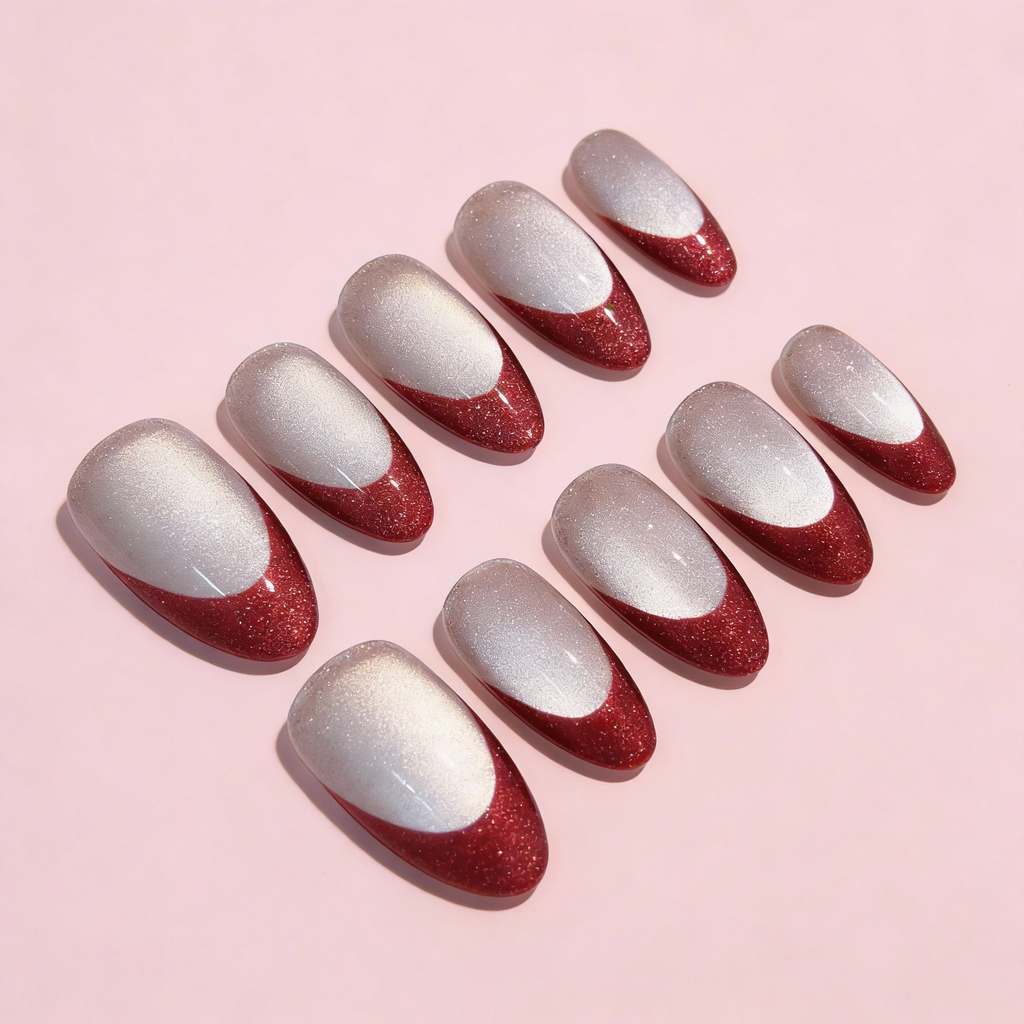 Ruby red sparkly French tip winter nails with silver shimmer base