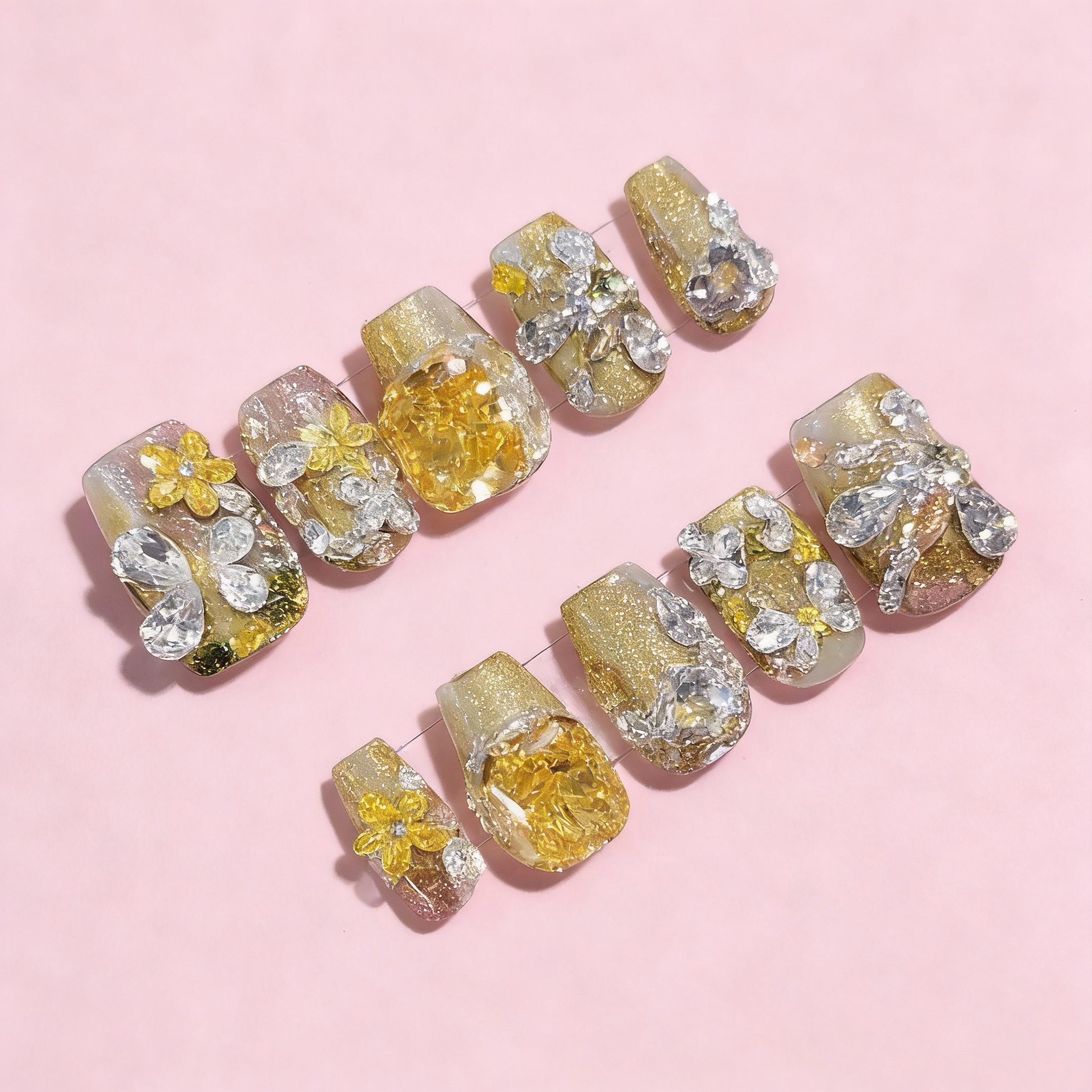 Sunlit Frost winter sparkly nails featuring translucent golden tones with crystal textures and soft frosted shimmer