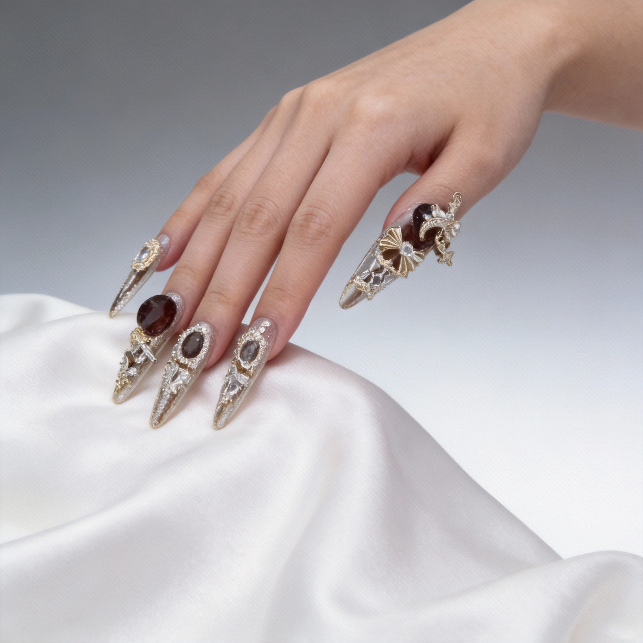 Red-brown floral press-on nails worn on hand, soft and wearable everyday nail design