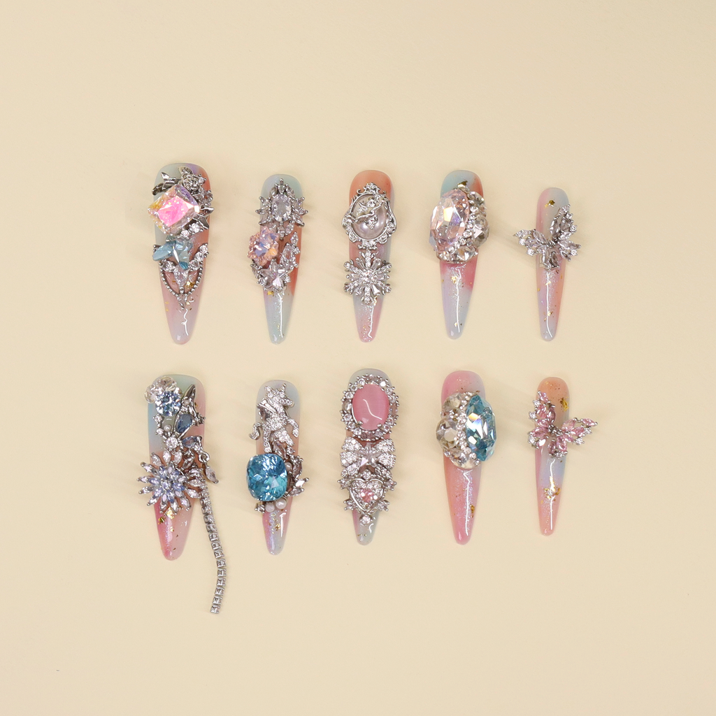 Luxury unicorn press on nails with pink blue gradient, iridescent shimmer, and crystal fantasy details