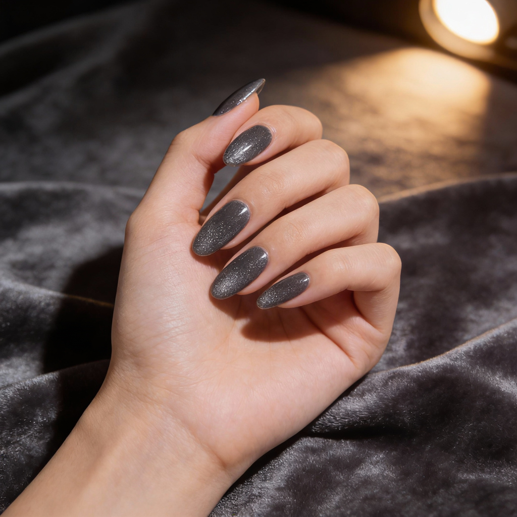Elegant ash grey winter nails with soft sparkle under natural light.