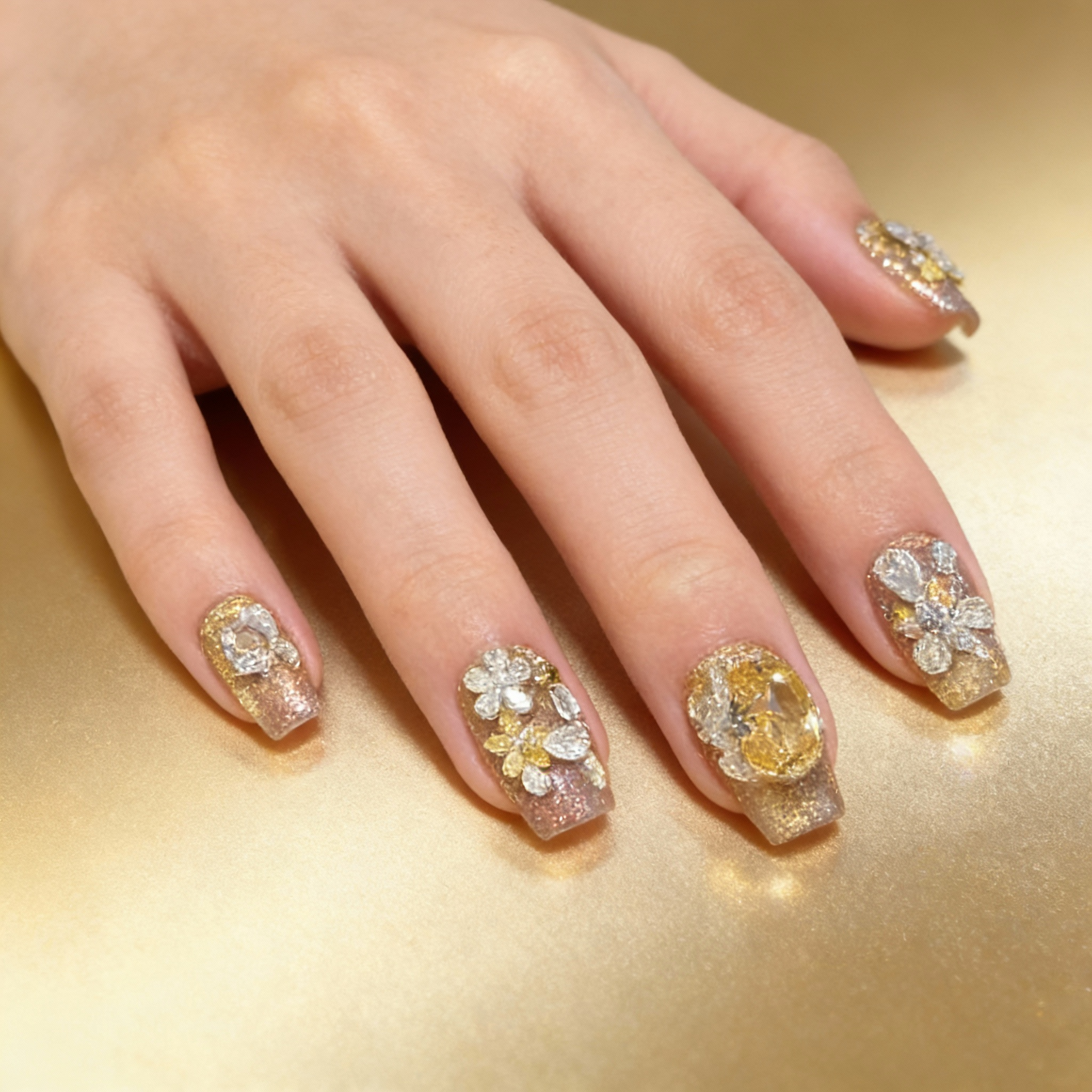 Close-up of Sunlit Frost winter nails showing translucent sparkle and handcrafted crystal accents