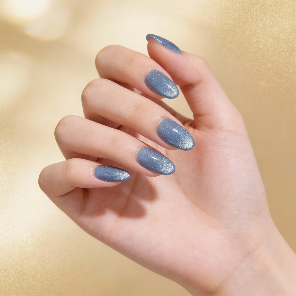 Dark blue winter sparkly nails worn on hand, reflecting subtle star-like shimmer.