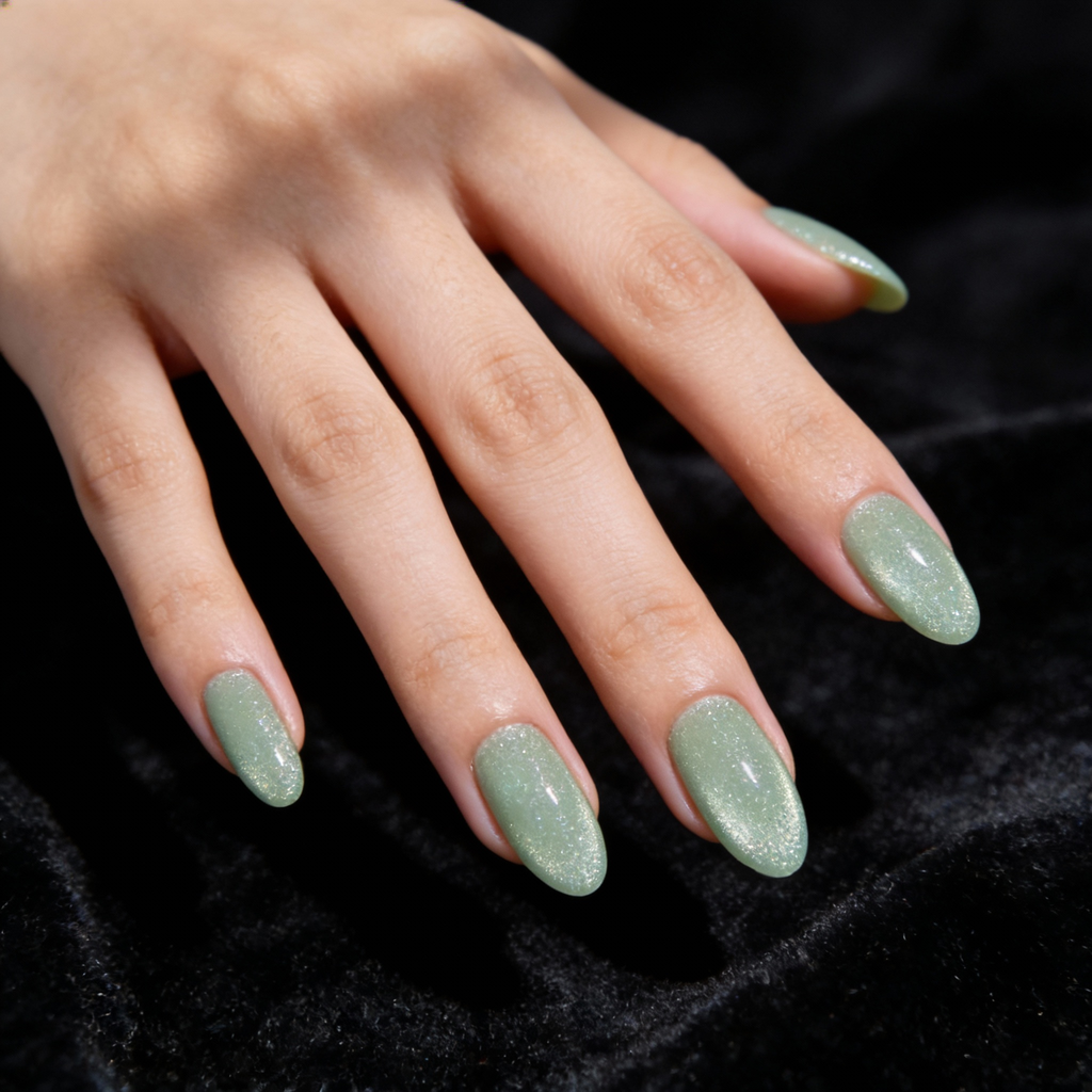 Jade green winter sparkly nails worn on hand, showcasing gemstone-like translucency and soft sparkle.
