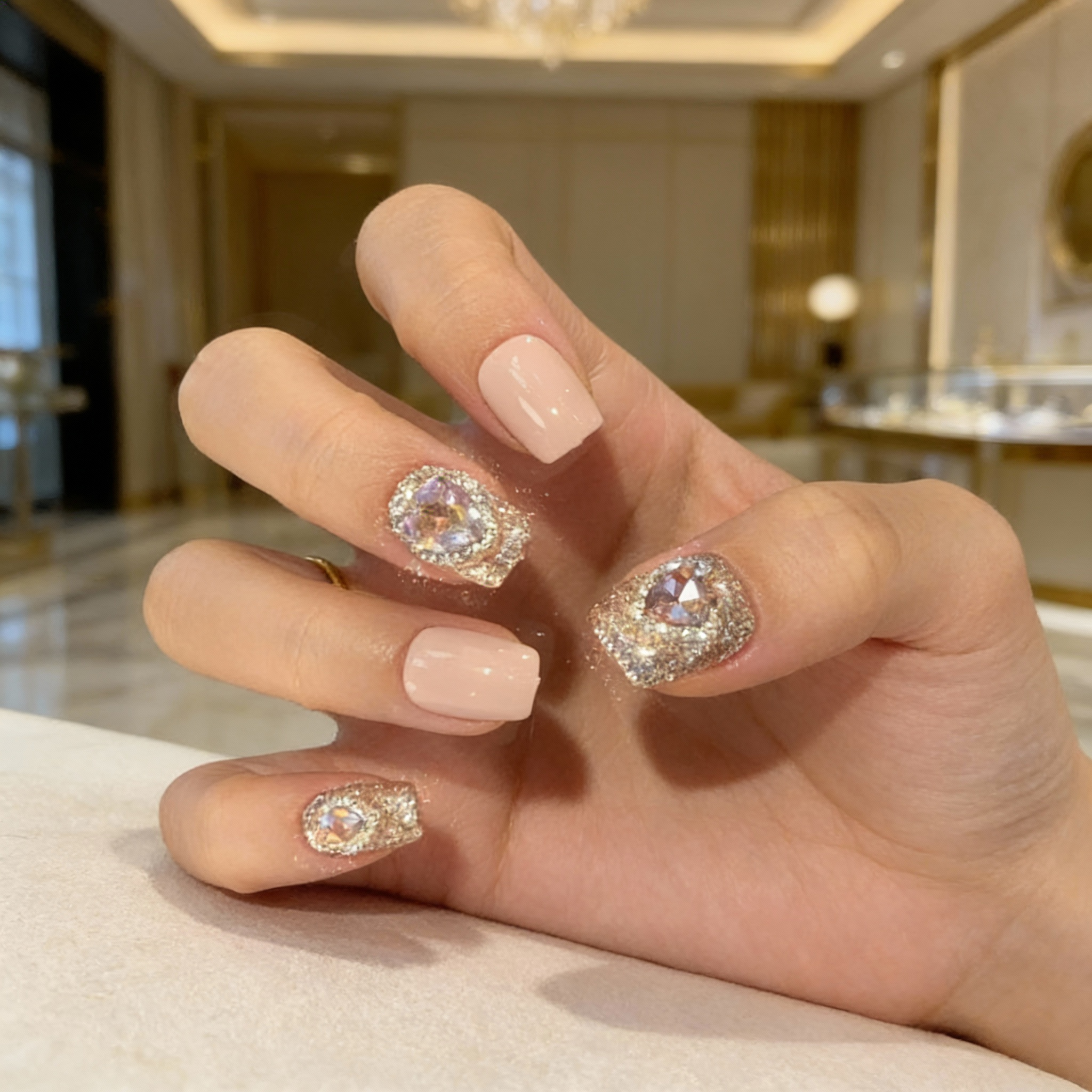 Winter Love Sparkle press-on nails worn on hand, showing sparkly winter nails with heart crystal details and soft glossy finish