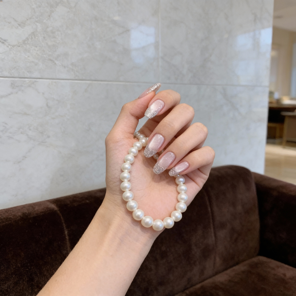 Soft blush sparkly French tip nails showing winter sparkle effect and elegant French structure