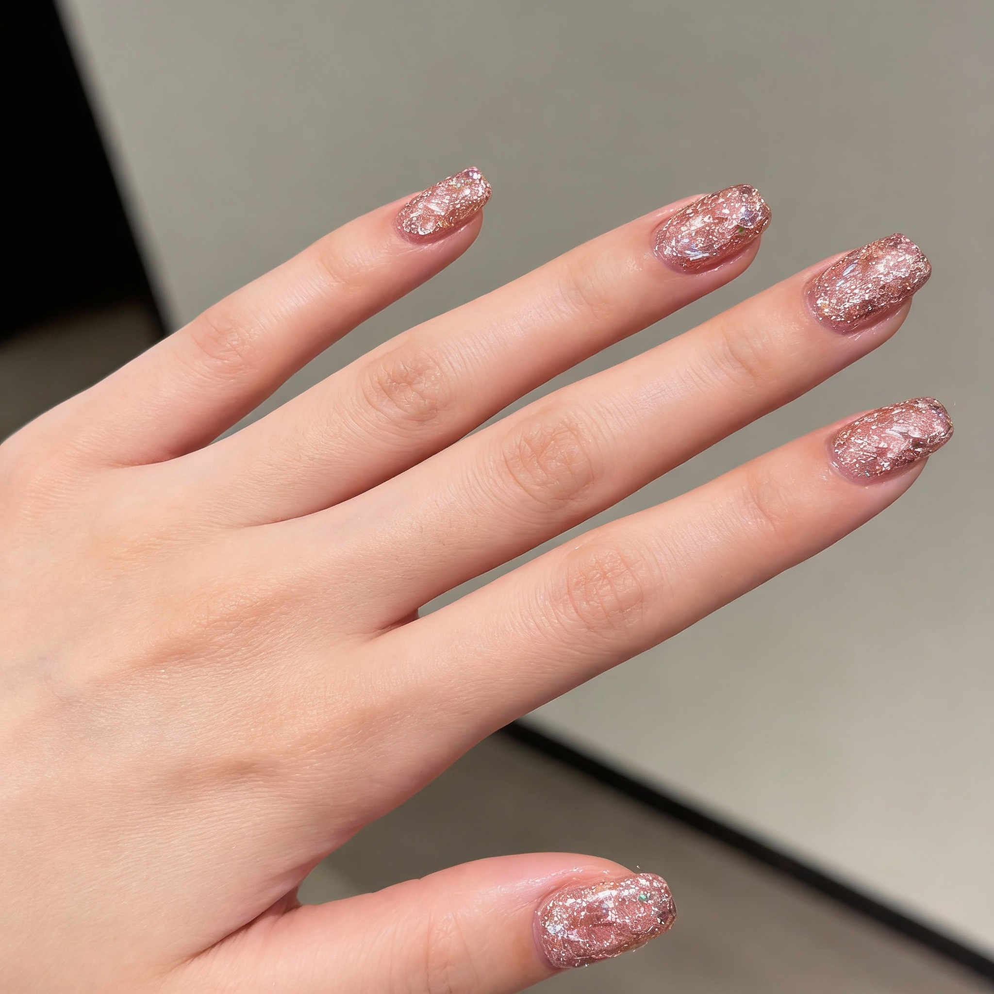 Close-up of sparkly winter nails featuring iridescent flakes and glossy pink finish, elegant winter nail design inspired by Pinterest trends.