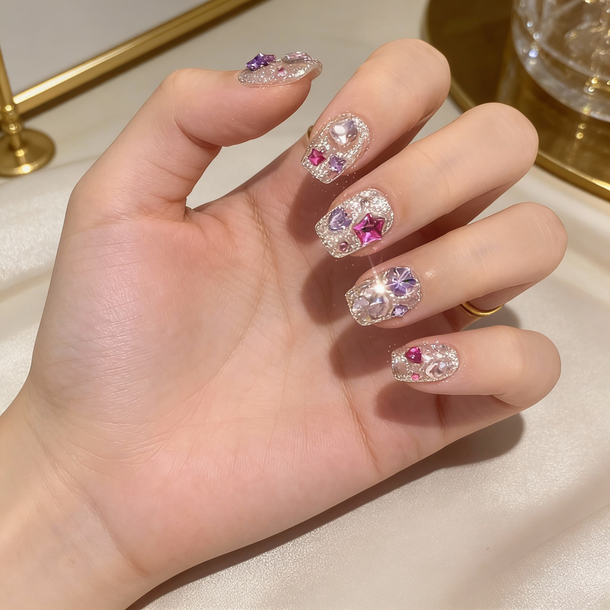 Cute winter nails with dreamy crystal details, inspired by starlight and winter night skies