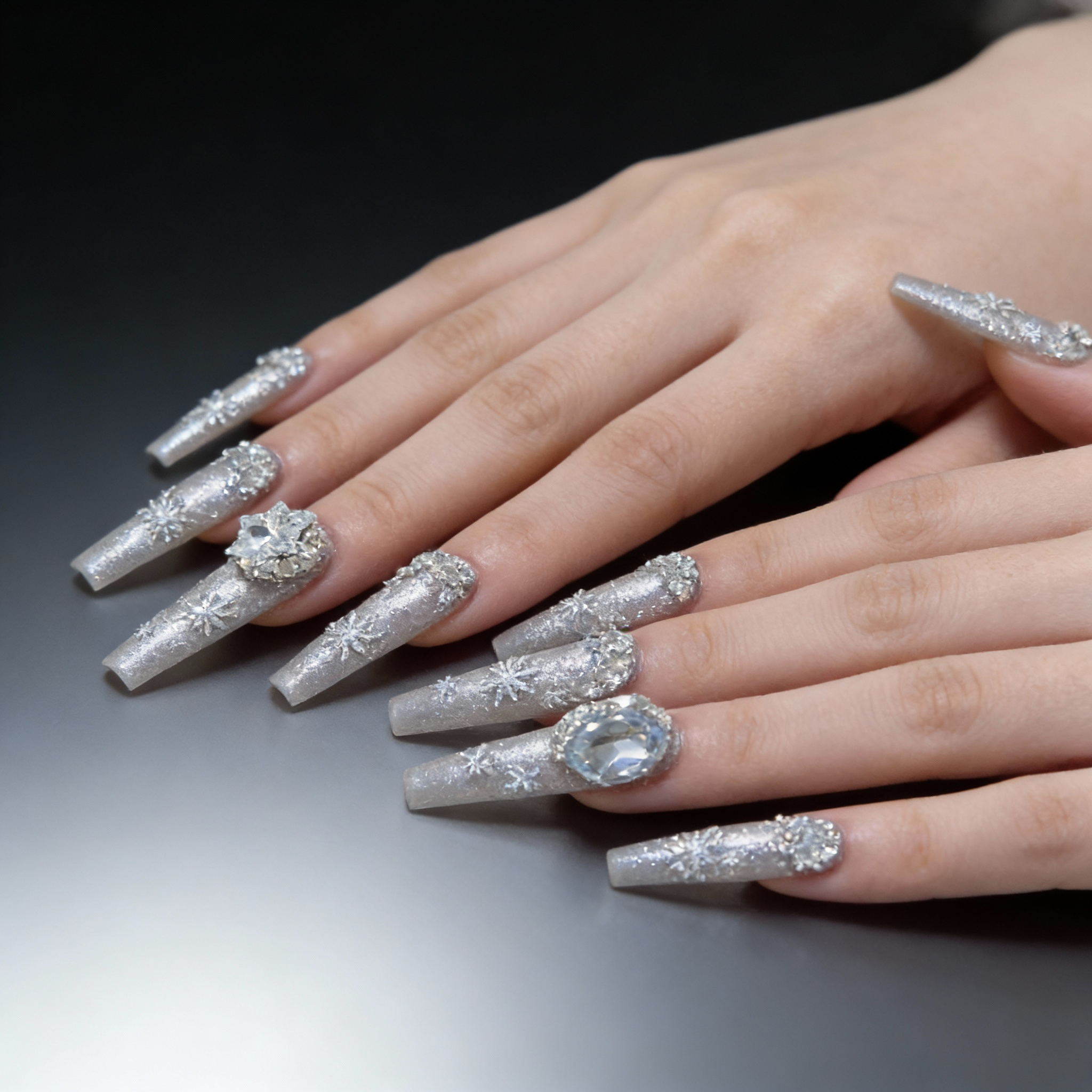 Snowfall Day winter nails worn on hand with subtle sparkle and calm snowy finish