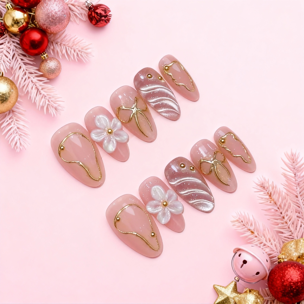 Blush pink nude press on nails with gold candy-like outlines, 3D pearly flowers and frosted swirl designs on a pink background.