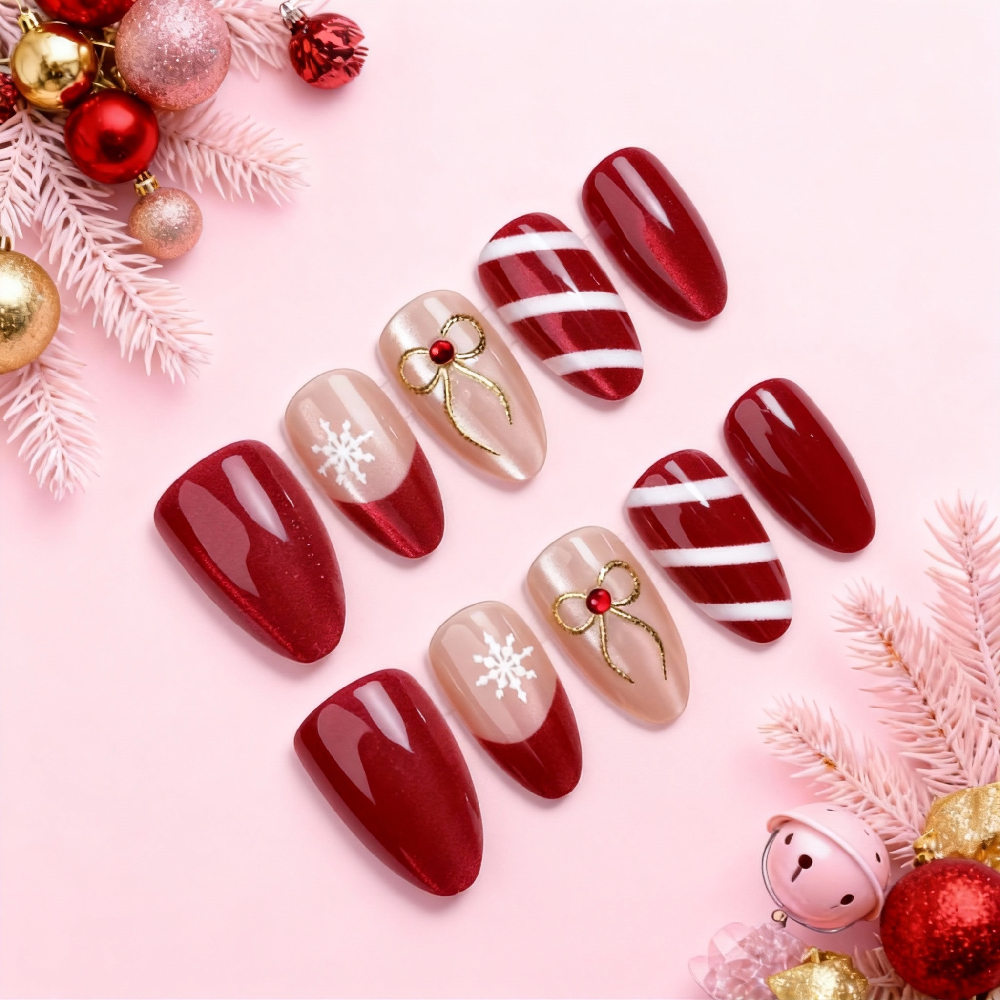 Christmas Candy press-on nails featuring red and white candy cane stripes, nude base with snowflakes, and gold ribbon accents on a pink holiday background.