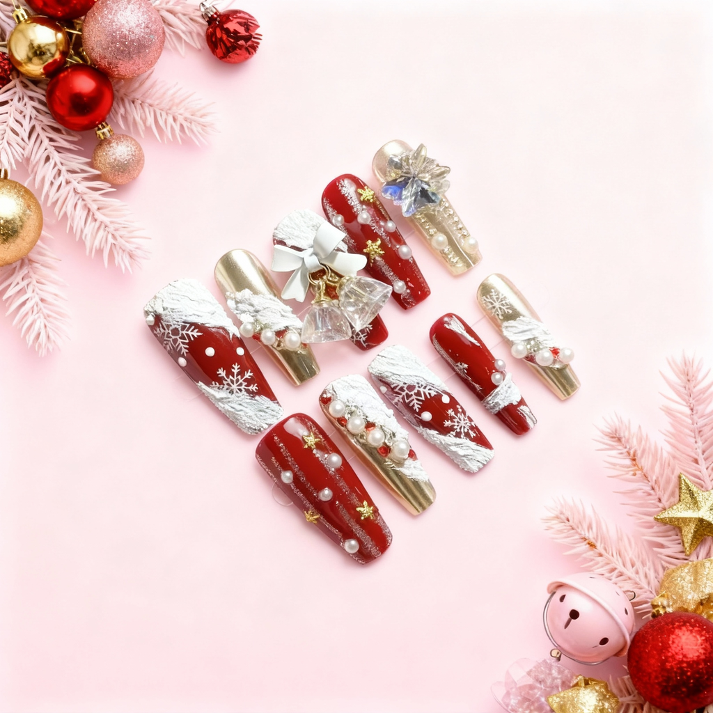Jingle Bells red and gold Christmas press-on nails with 3D snow, pearls and crystal bell charm on a pink holiday background