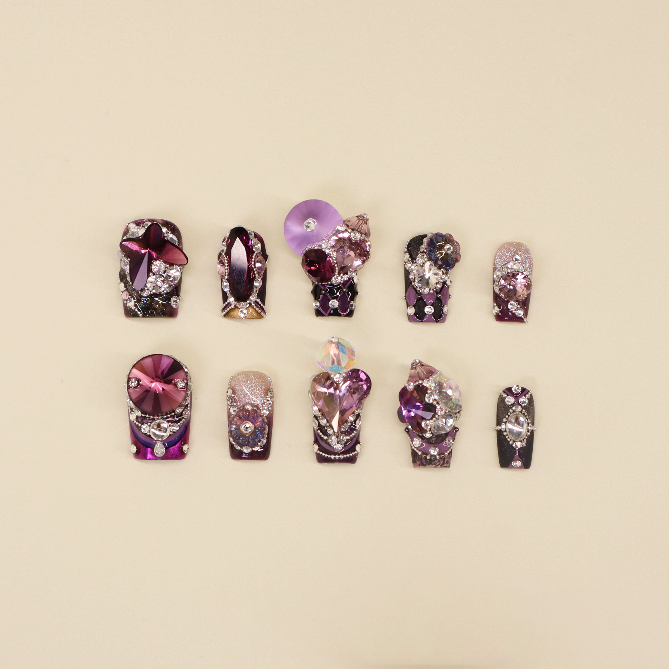 Luxury short press-on nails in deep violet inspired by cheongsam elegance, featuring Swarovski crystals and handcrafted oriental couture detailing.