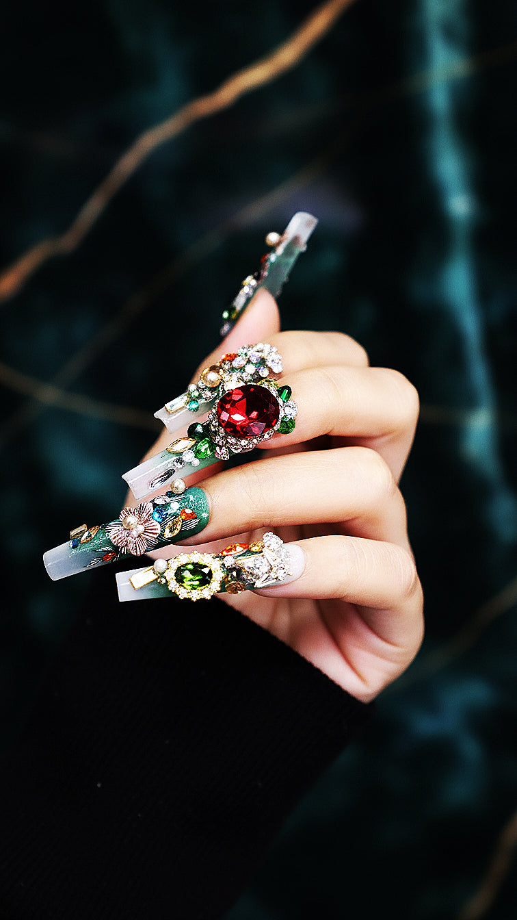Artisan press on nails with hand-painted oriental motifs and high-end gemstone decorations