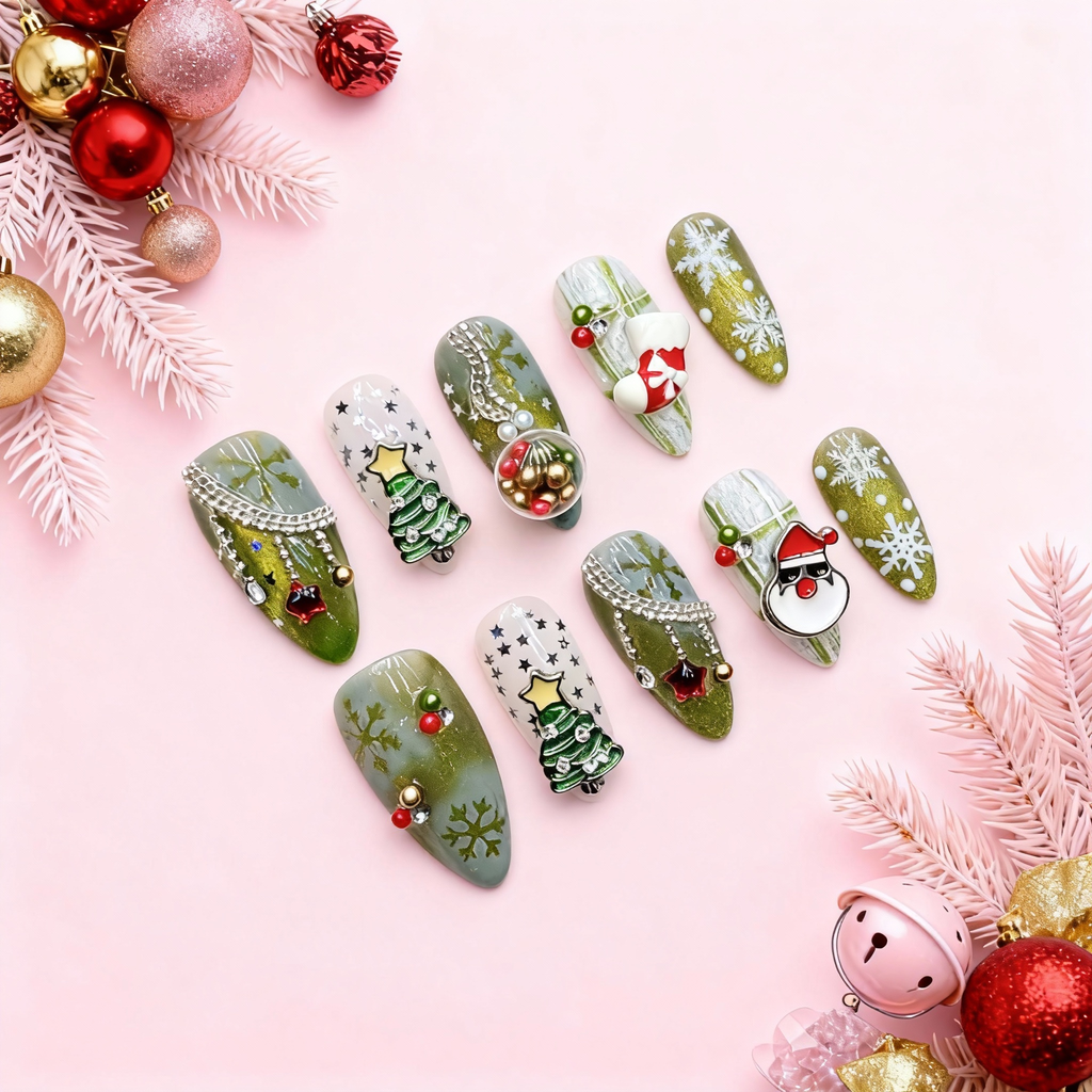 Green Christmas press on nails with 3D snow-globe charm, cat-eye shimmer, snowflakes, and hand-painted holiday trees on a pink background.