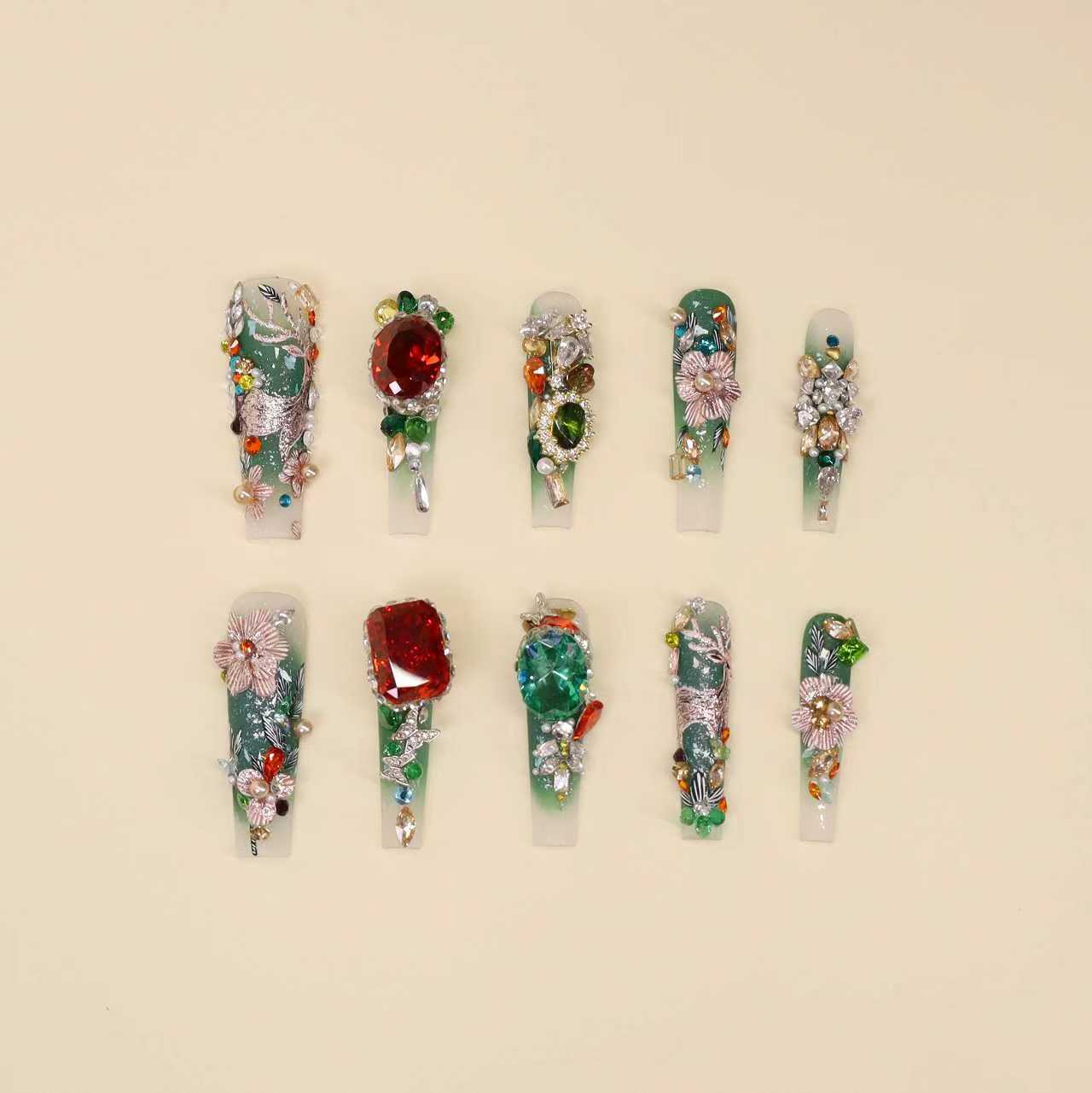 Luxury emerald green press on nails with embroidery-inspired hand-painted details and gemstone embellishments, Melty Signature L’Orient collection